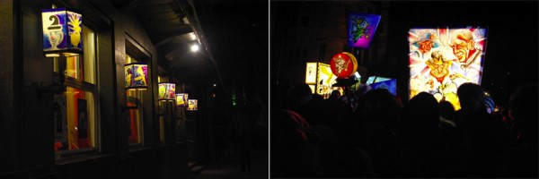 ▲ 바젤 카니발 기간 동안 곳곳에서 볼 수 있는  카니발 장식(사진 왼쪽)과 밤의 렌턴 행렬. 