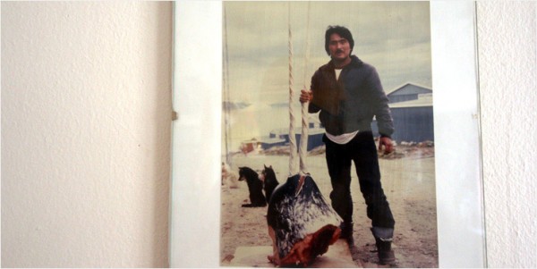 ▲ 마마우트의 집 벽에 걸린 뿔이 두 개 달린 일각고래 사진(1986년)