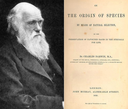 ▲ 지구상 생명의 신비의 비밀을 최초로 풀었다고 해서 근대과학 역사상 가장 중요한 학설로 인정받는 진화론을 주장한 찰스 다윈과 1859년 발표된 종의 기원.   