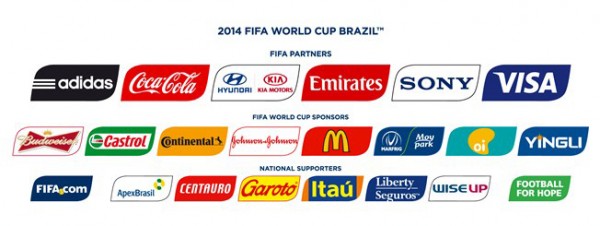 ▲ 스포츠 이벤트에 초대받지 못한 기업들은 앰부시 마케팅을 사용해 자사 브랜드의 인지도, 세일즈 증가와 함께 라이벌 스폰서 회사의 이득감소를 노린다. 사진은 2014 브라질 월드컵의 후원사들인데 우리는 과연 몇 개나 제대로 알고 있는지 한 번 알아보자. 